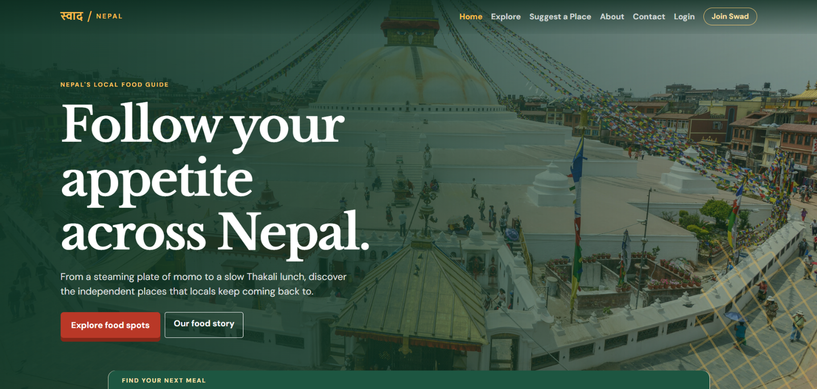Screenshot of the Swad Nepal landing page, featuring its Nepal food guide hero